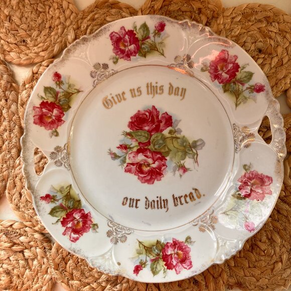 Vintage 1930's Give Us This Day Our Daily Bread Cake/Wall Plate - Pink Roses - Picture 3 of 10